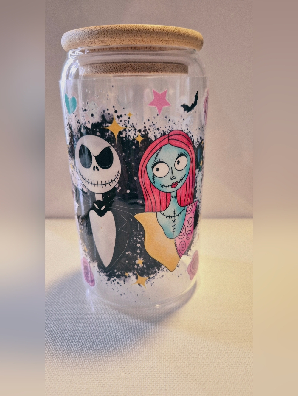 🪻3/$25 Jack Sally 16oz Glass Tumbler Custom Made To Order ➕️ Lid Straw